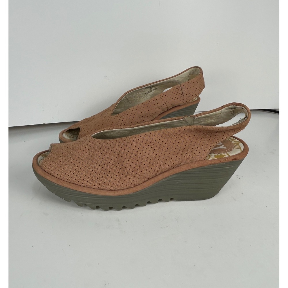 Fly London Ybel Tan Perforated Leather Wedge Peep Toe Slingback Sandals